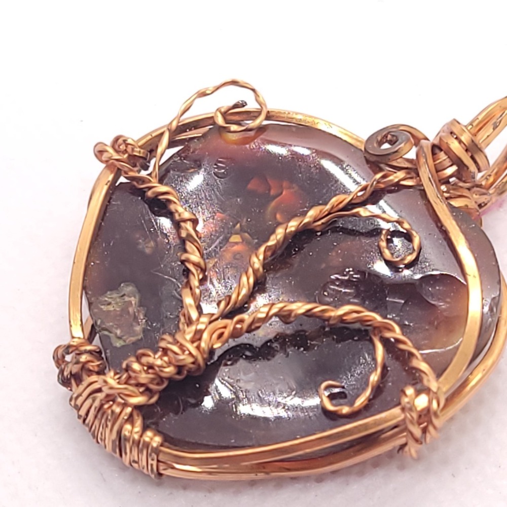 Wire Wrapped Brown Agate Pendant Copper Tone Tree of Life Artisan Statement